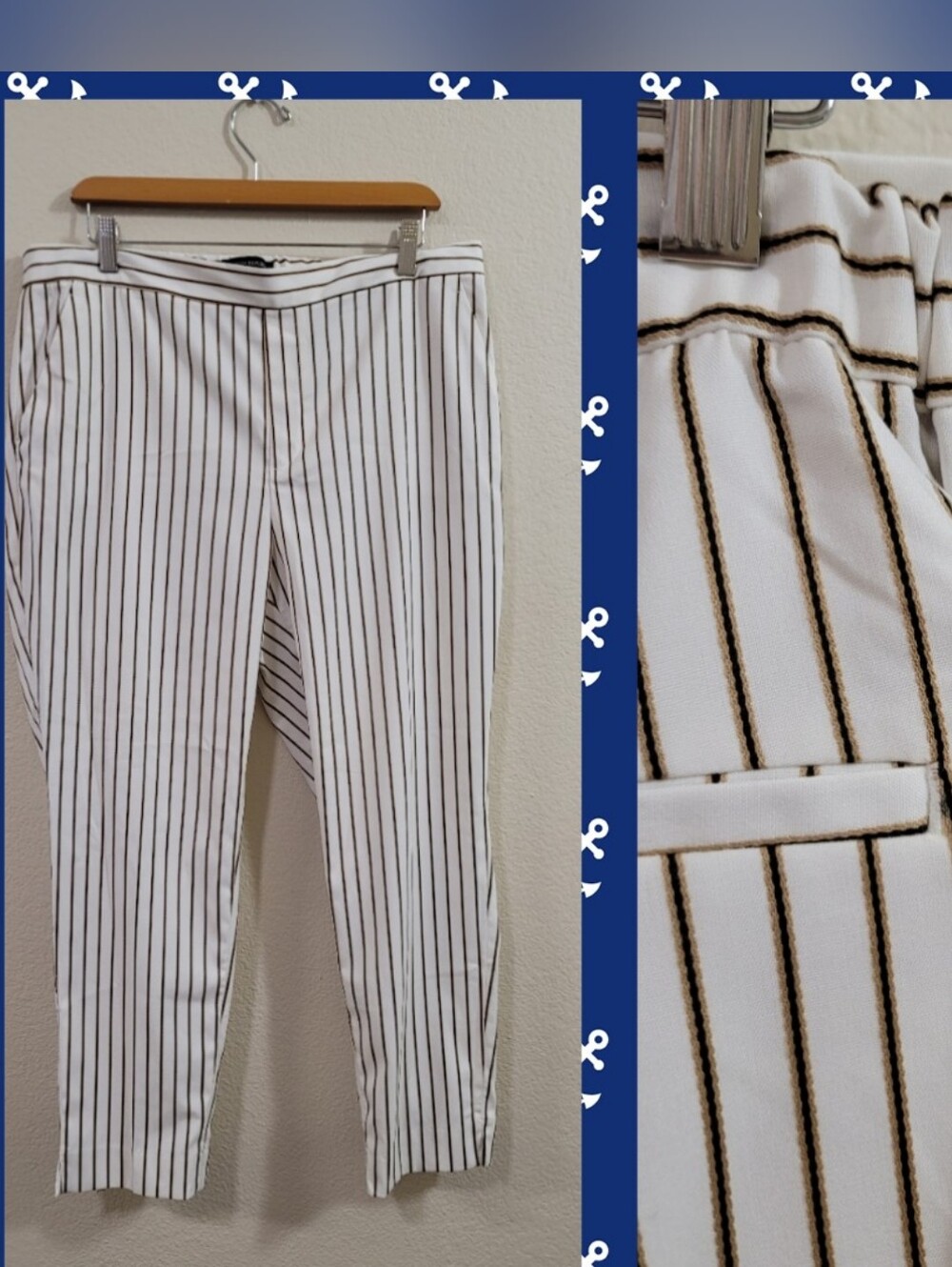 Banana Republic Coastal Preppy Hayden Stripe Tapered Pants Rope Stripe 14 Ivory